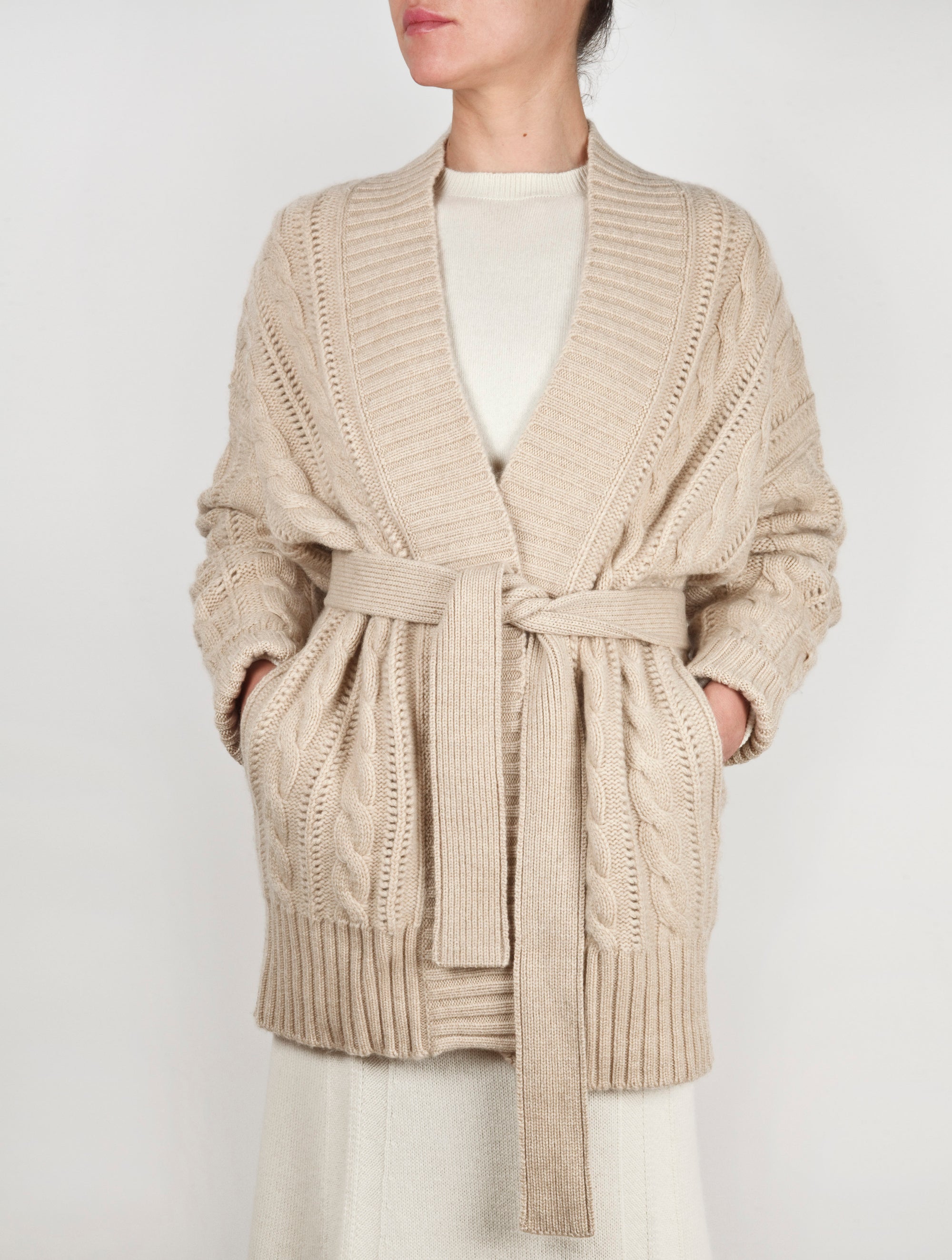 Cable Knit Belted Cashmere Cardigan