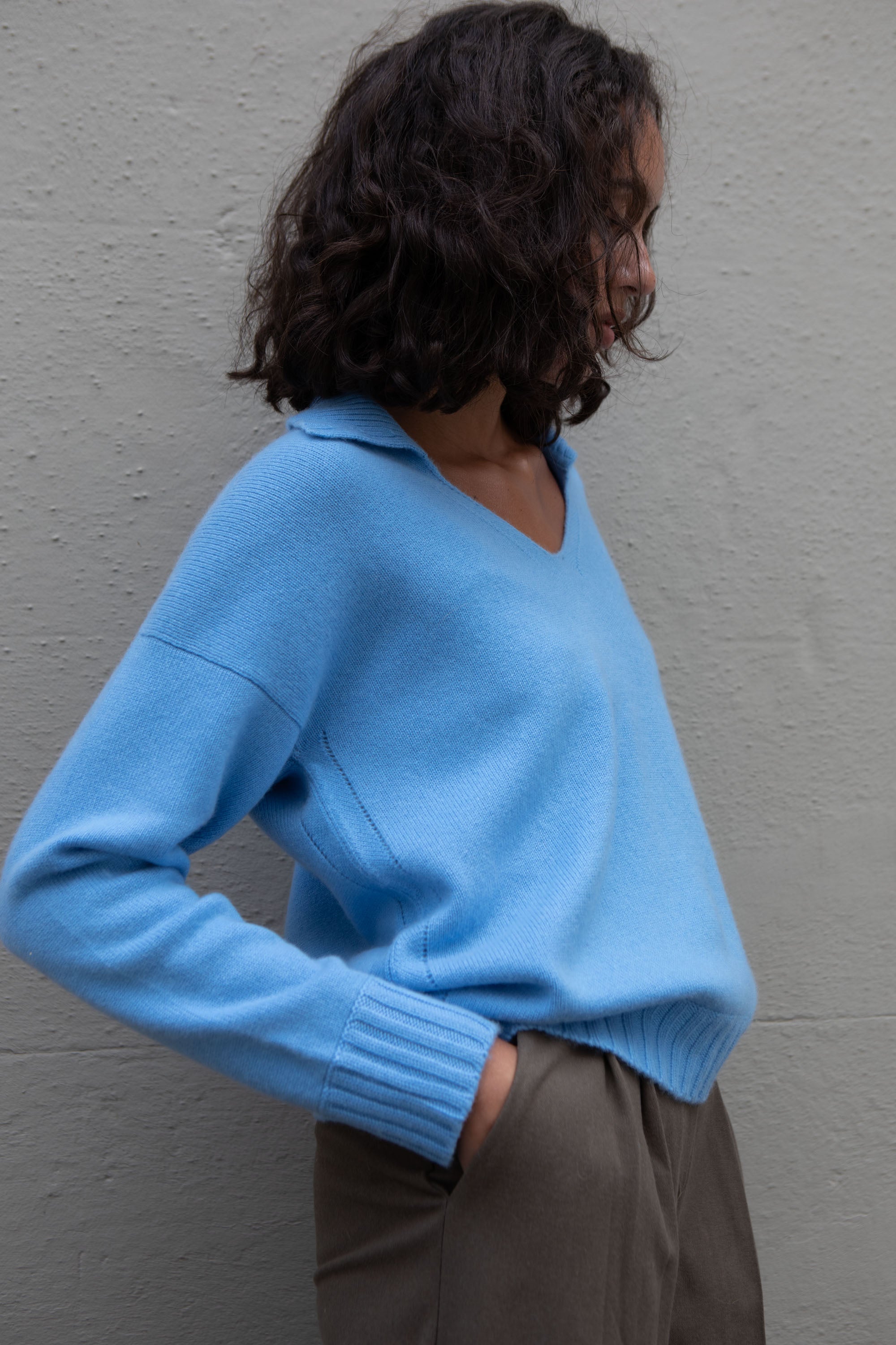 Pointelle detail collared cashmere sweater